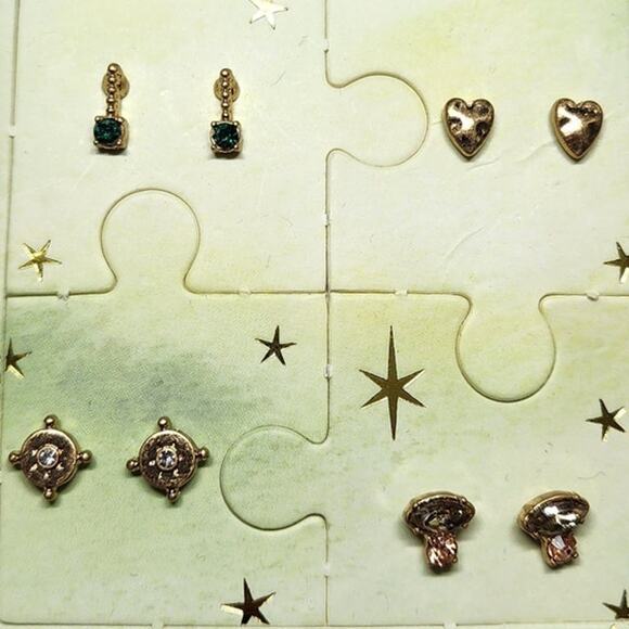 Free People Lucky Charm Stud Set Gold Tone Earrings Wear One Share One Puzzle - Picture 4 of 6